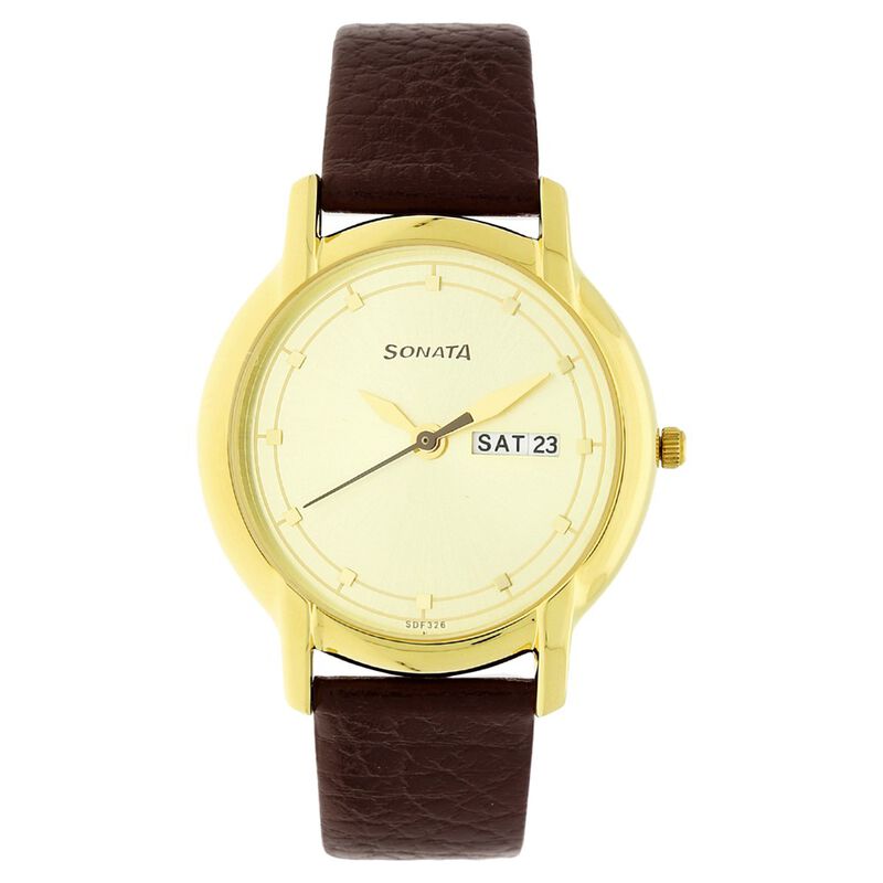 Sonata Quartz Analog with Day and Date Champagne Dial Leather Strap Watch for Men
