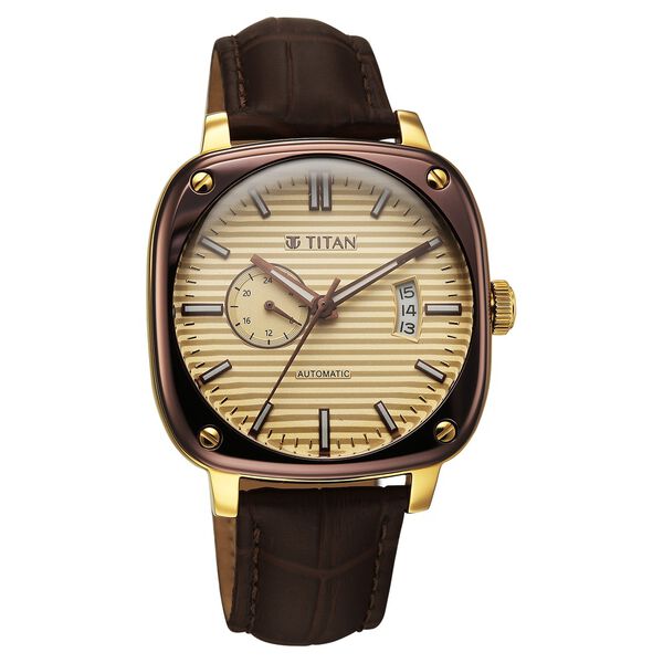 Titan Vintage Concealed Automatic Analog with Beige Dial Brown Leather Strap Watch for Men - image number 1