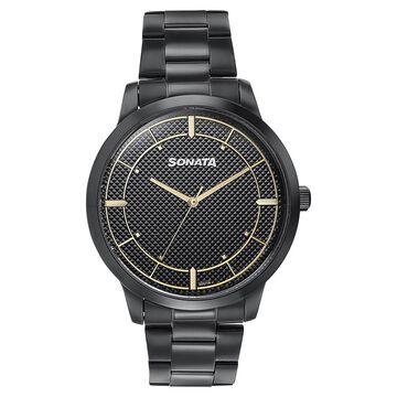 Sonata Quartz Analog Black Dial Black Stainless Steel Strap Watch For Men
