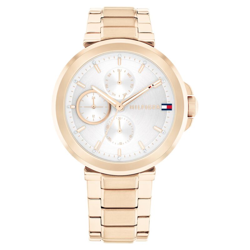 Tommy Hilfiger Multifunction Silver Dial Golden Color Stainless Steel Strap Watch For Women