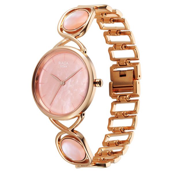 Titan Raga Power Pearls Quartz Analog Mother of Pearl Dial Rose Gold Metal Strap Watch For Women - image number 2