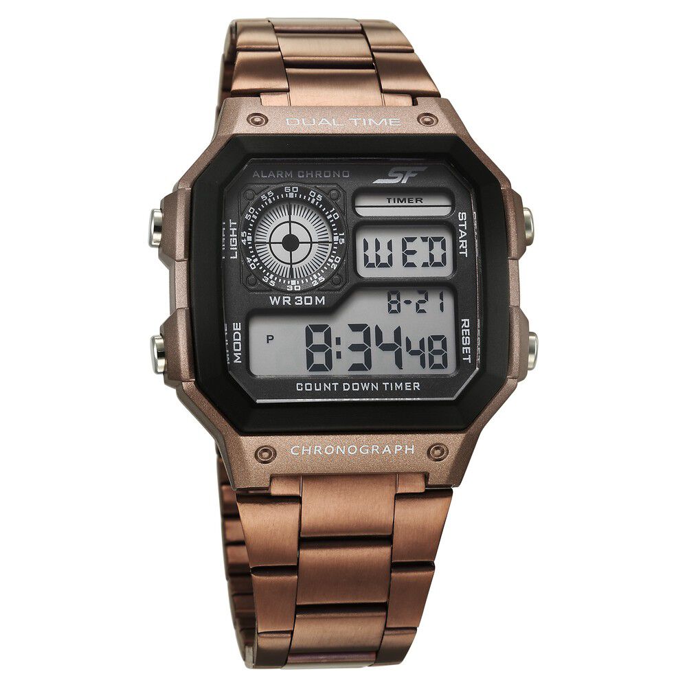 Buy Online Sonata Hexa Digital Black Dial Brown Color Stainless Steel Strap Watch For Unisex 77134pm05w Titan