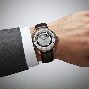 Titan Stellar Cupola Automatic Analog with Sun Moon Phase and Silver Dial Brown Leather Strap Watch for Men