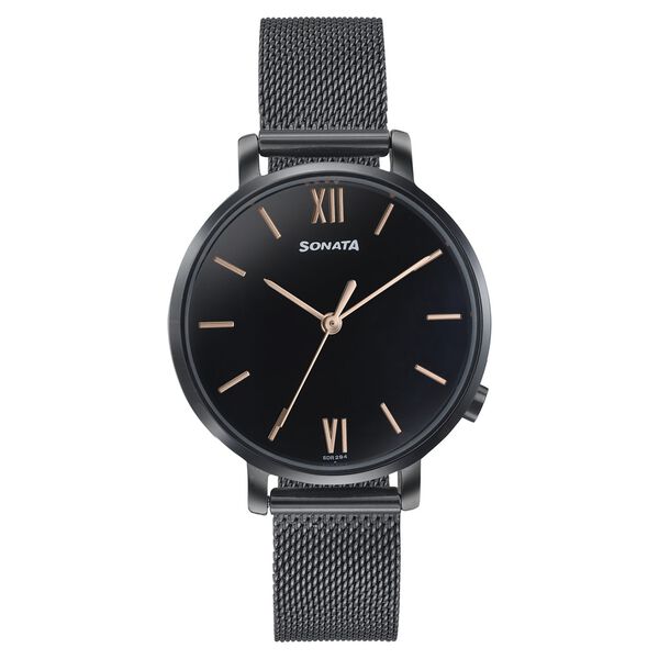 Sonata Elegent Essentials Quartz Analog Black Dial Stainless Steel Strap Watch For Women - image number 0