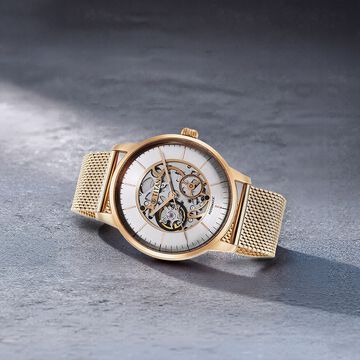 Titan Skeletal Automatic Gold Dial Gold Stainless Steel Strap Watch for Men