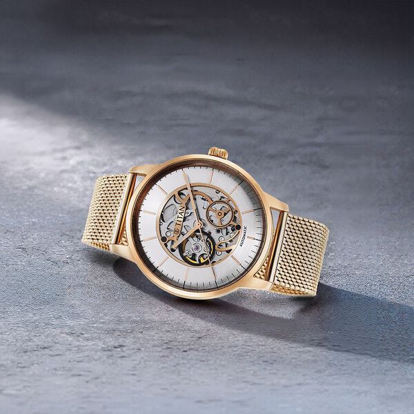 Titan Skeletal Automatic Gold Dial Gold Stainless Steel Strap Watch for Men - image number 0