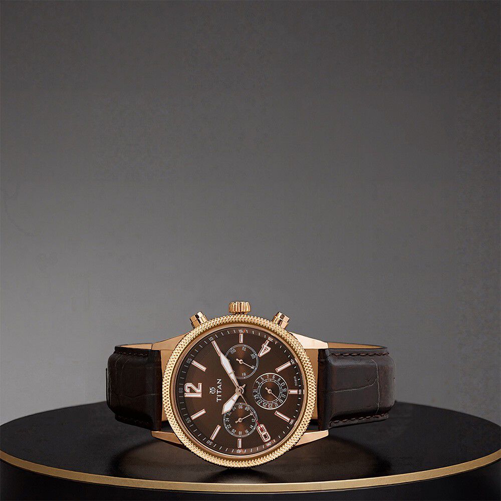 Titan Men's Metropolitan Luxe: Multifunction brown Dial with leather Strap