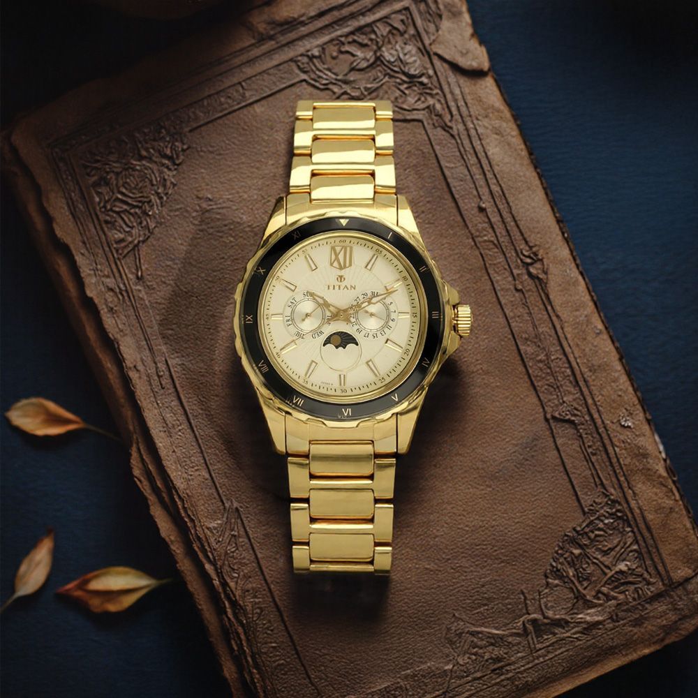 Titan Quartz Multifunction Champagne Dial Stainless Steel Strap watch for Men-image-11