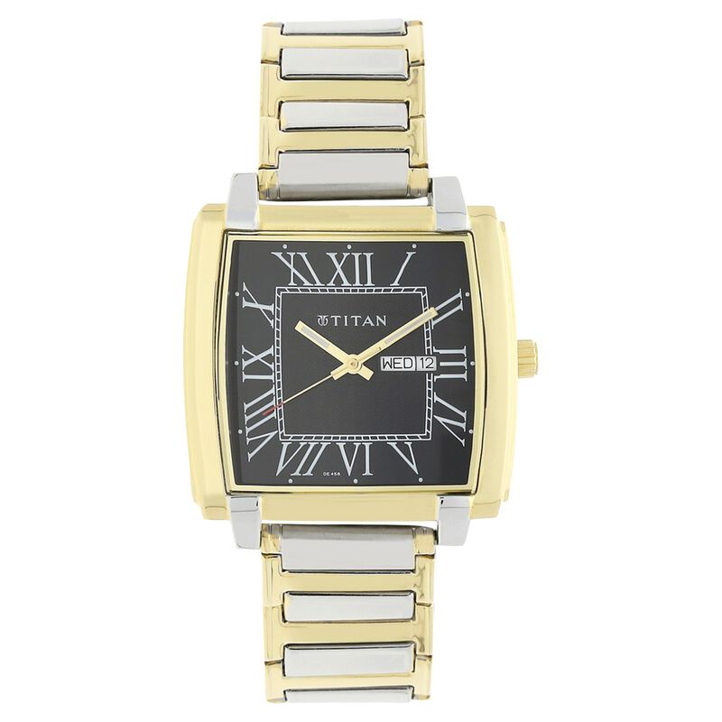 Titan Quartz Analog with Day and Date Black Dial Stainless Steel Strap Watch for Men
