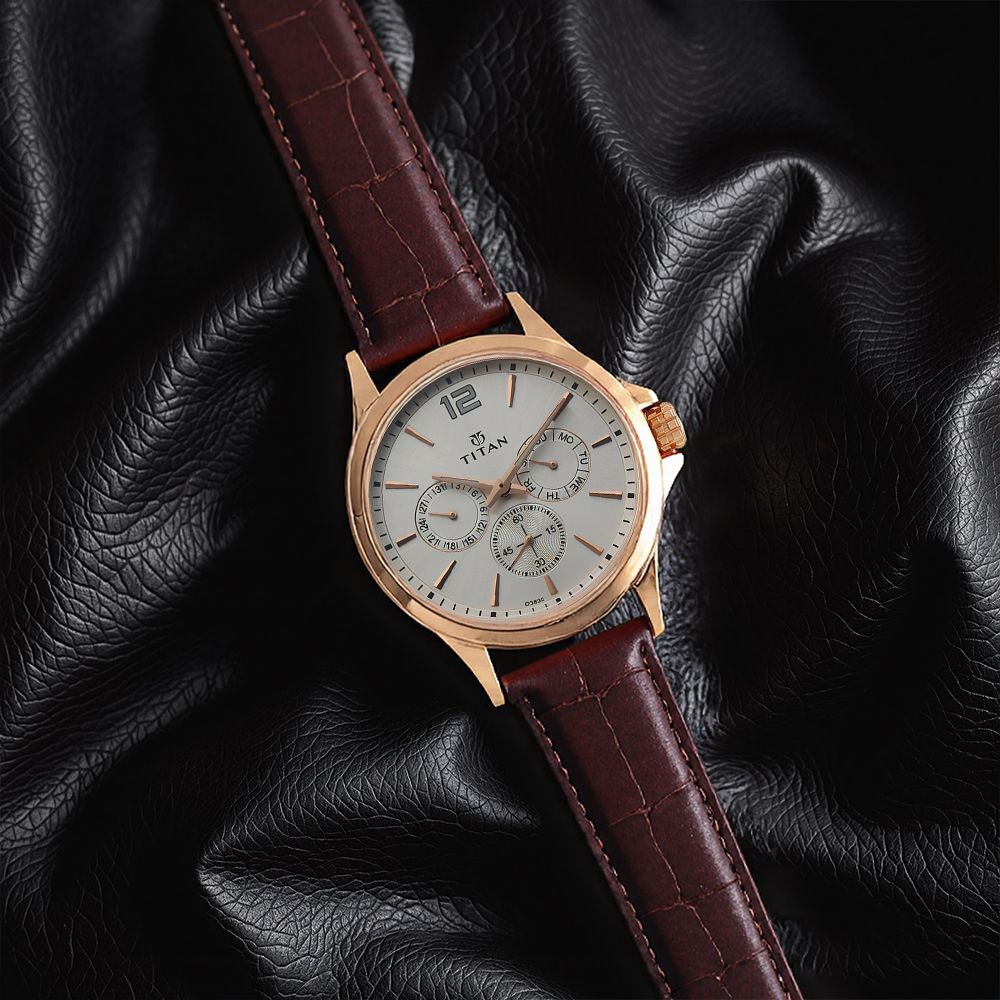 Titan Quartz Multifunction White Dial Leather Strap Watch for Men-image-31