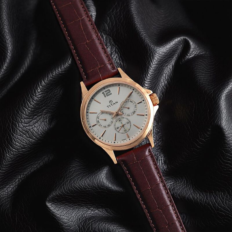 Titan Quartz Multifunction White Dial Leather Strap Watch for Men