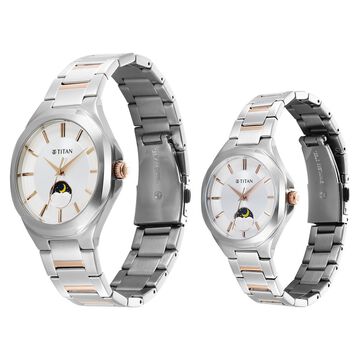 Titan Bandhan Quartz Analog Sun-Moon Silver Dial Two Toned Stainless Steel Strap Watch For Couple
