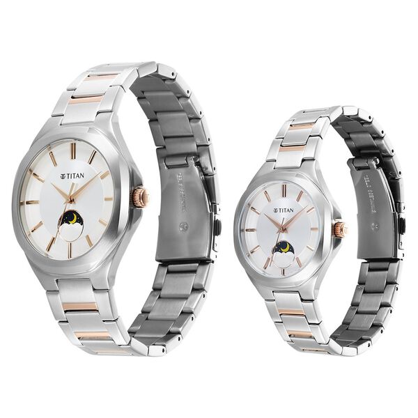 Titan Bandhan Quartz Analog Sun-Moon Silver Dial Two Toned Stainless Steel Strap Watch For Couple - image number 2