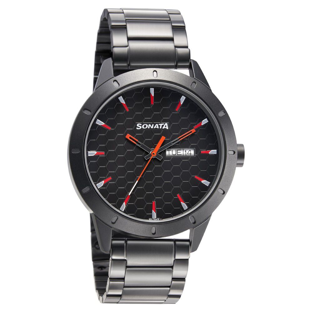 Buy Online Sonata RPM Quartz Analog with Day and Date Black Dial