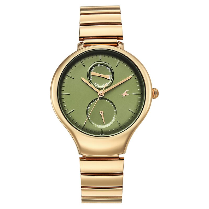 Fastrack Gelato champagne multifunction metal strap watch with Matcha green dial for Girls