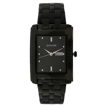 Sonata Quartz Analog with Day and Date Black Dial Stainless Steel Strap Watch for Men