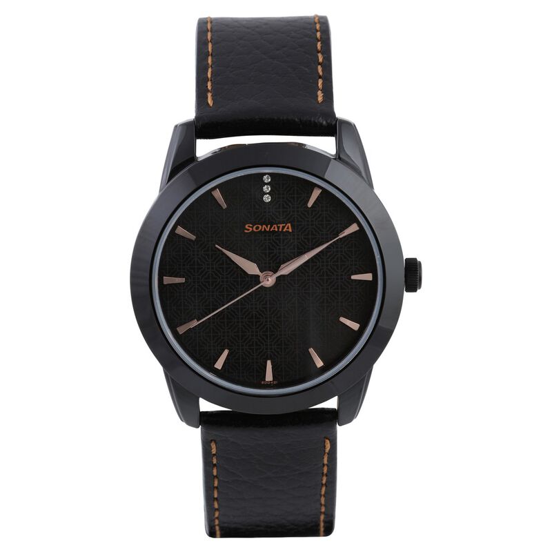 Sonata Quartz Analog Black Dial Leather Strap Watch for Men