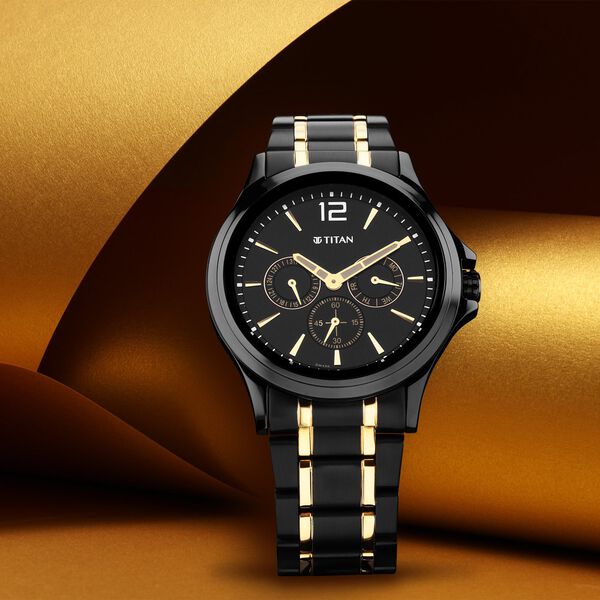 Titan Black and Gold Black Dial Quartz Multifunction Stainless Steel Strap watch for Men - image number 0