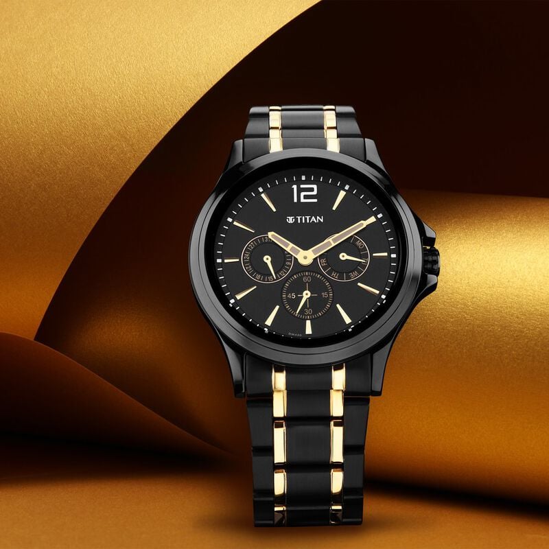 Buy Online Titan Black and Gold Black Dial Quartz Multifunction Stainless  Steel Strap watch for Men - nr1698km02