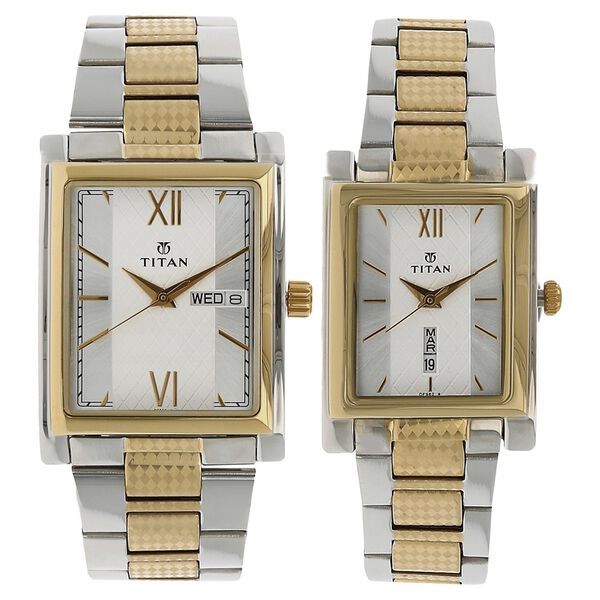 Titan Quartz Analog with Day and Date Silver Dial Stainless Steel Strap Watch for Couple - image number 0