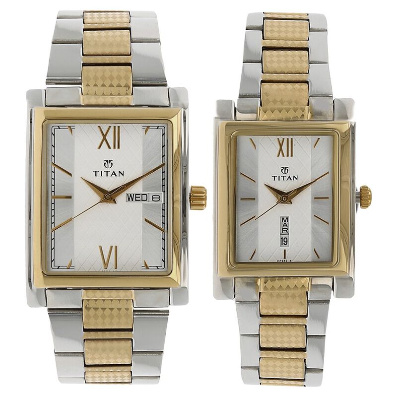 Titan Quartz Analog with Day and Date Silver Dial Stainless Steel Strap Watch for Couple