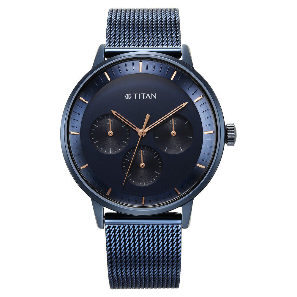 Buy Online Titan Modern Classics Blue Dial Quartz Multifunction Stainless Steel Strap watch for Men 94006qm04 p Titan