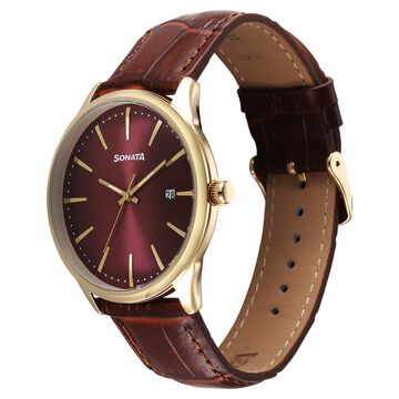 Sonata Eternia Quartz Analog with Date Maroon Dial Leather Strap Watch For Men
