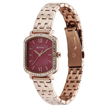 Titan Purple Metro Quartz Analog Red Dial Rose Gold Plated Stainless Steel Strap Watch For Women