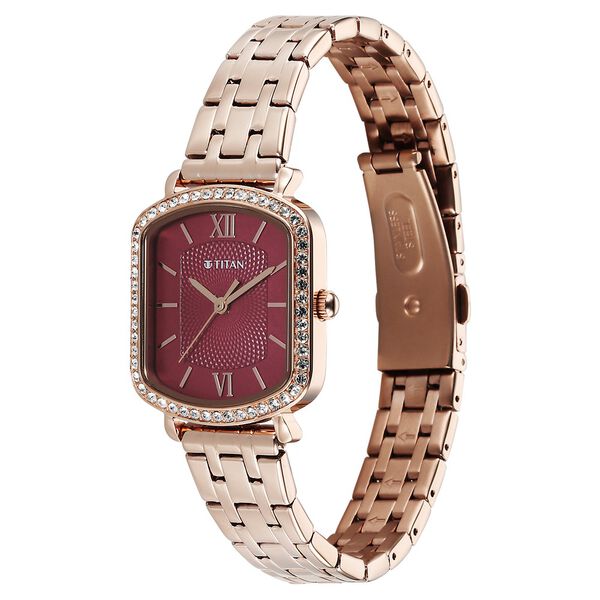 Titan Purple Metro Quartz Analog Red Dial Rose Gold Plated Stainless Steel Strap Watch For Women - image number 2
