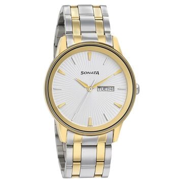 Sonata Quartz Analog with Day and Date Silver Dial Bimetal Strap Watch for Men