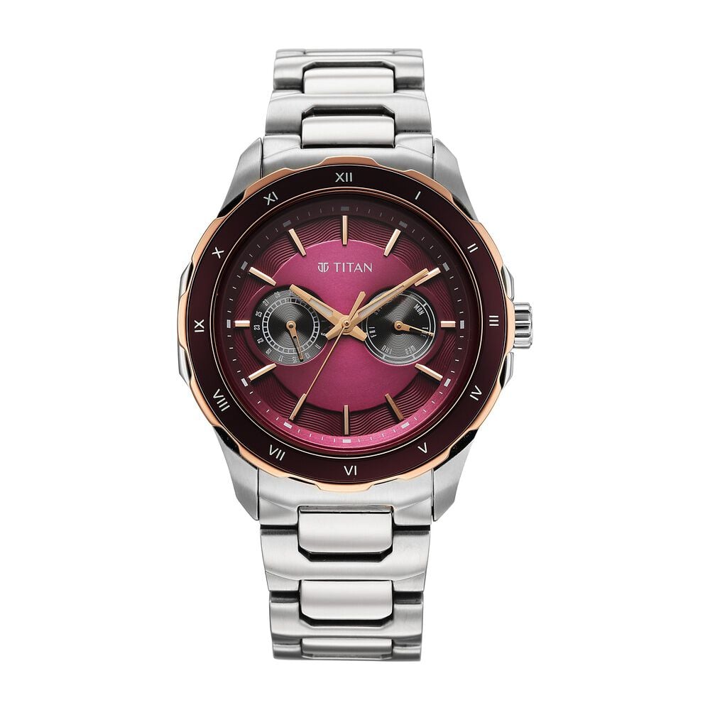 Titan Regalia Opulent Two-Eye Multifunction Burgundy Panda Dial Stainless Steel Strap Watch For Men-image-26