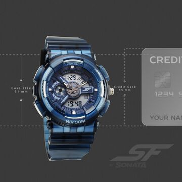 Sonata SF Spectra Quartz Digital Blue Dial Translucent Blue PU Strap Watch For Men