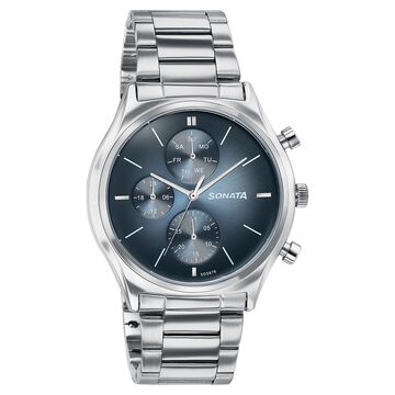 Sonata Festive Quartz Multifunction Blue Dial Silver Metal Strap Watch For Men
