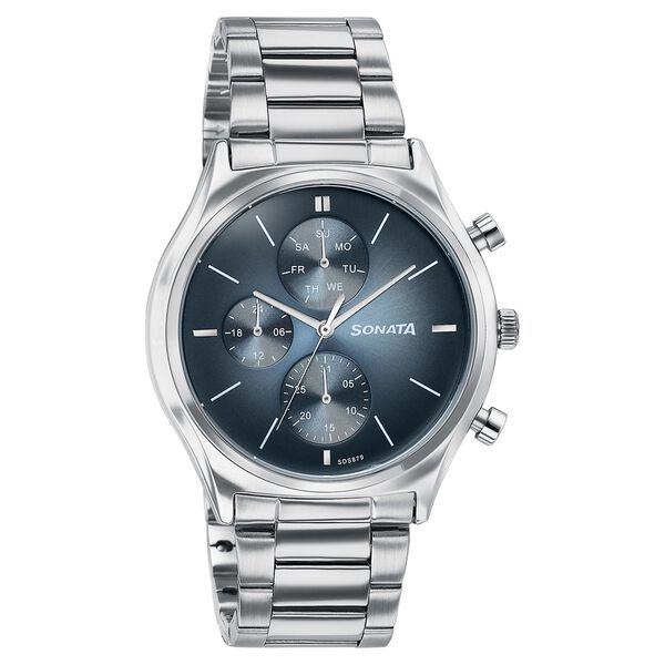 Sonata Festive Quartz Multifunction Blue Dial Silver Metal Strap Watch For Men - image number 1