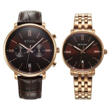 Titan Bandhan Quartz Analog with Date Brown Leather and Stainless Steel Strap for Couple