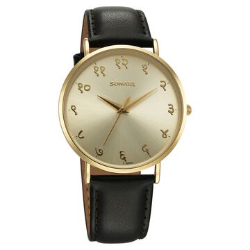 Sonata Regional Edition Hindi Quartz Analog Golden Dial Leather Strap Watch For Men