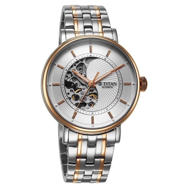 Titan Yin Yang Skeletal Automatic Analog with White Dial Silver and Rose Gold Stainless Steel Strap Watch for Men - image number 2