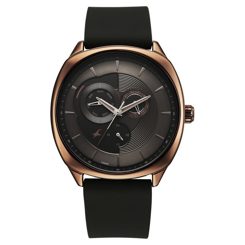 Fastrack Tick Tock Quartz Multifunction Black Dial Leather Strap Watch For Guys