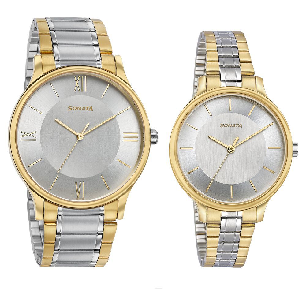 Buy Online Sonata Modern Bandhan Quartz Analog Silver Dial Stainless Steel Strap Watch for Couple 7710587050bm02 Titan