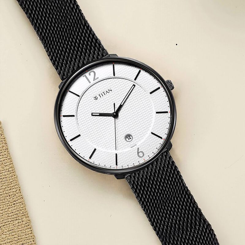 Titan Minimals White Analog with Date Stainless Steel Strap watch for Men
