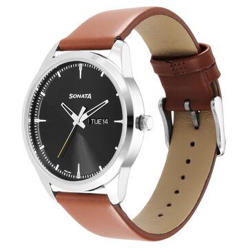 Sonata Force Quartz Analog with Day and Date Black Dial Leather Strap Watch for Men