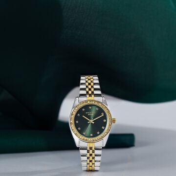 Sonata Poze Quartz Analog Green Dial Two Toned Colour Stainless Steel Strap Watch For Women