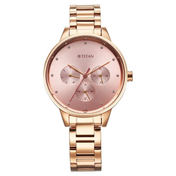 Titan Purple Razzle Dazzle Quartz Analog with Day and Date Pink Dial Rose Gold Stainless Steel Strap Watch For Women - image number 1