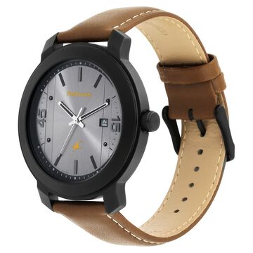Fastrack Bare Basics Quartz Analog with Date Grey Dial Leather Strap Watch for Guys