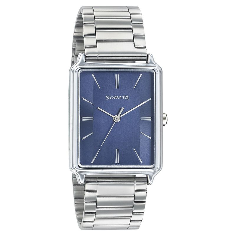 Sonata Quartz Analog Blue Dial Stainless Steel Strap Watch for Men