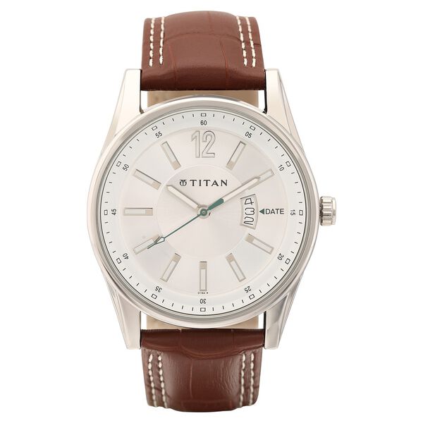 Buy Online Titan Silver Dial Analog with Date Leather Strap watch