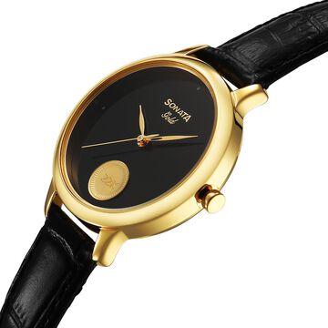 Sonata Gold Quartz Analog Watch for Women with Black Dial Leather Strap With An Eye-Catching Gold Coin on Dial