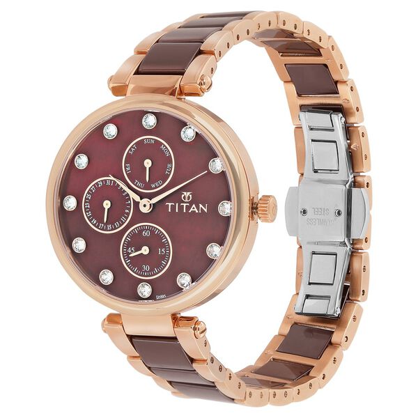 Titan Ceramics Red Dial Quartz Multifunction Stainless Steel and Ceramic Strap watch for Women - image number 2