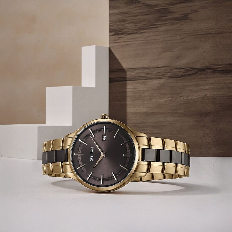 Titan Slim Ceramic Fusion Quartz Analog with Date Grey Dial Stainless Steel Strap Watch For Men