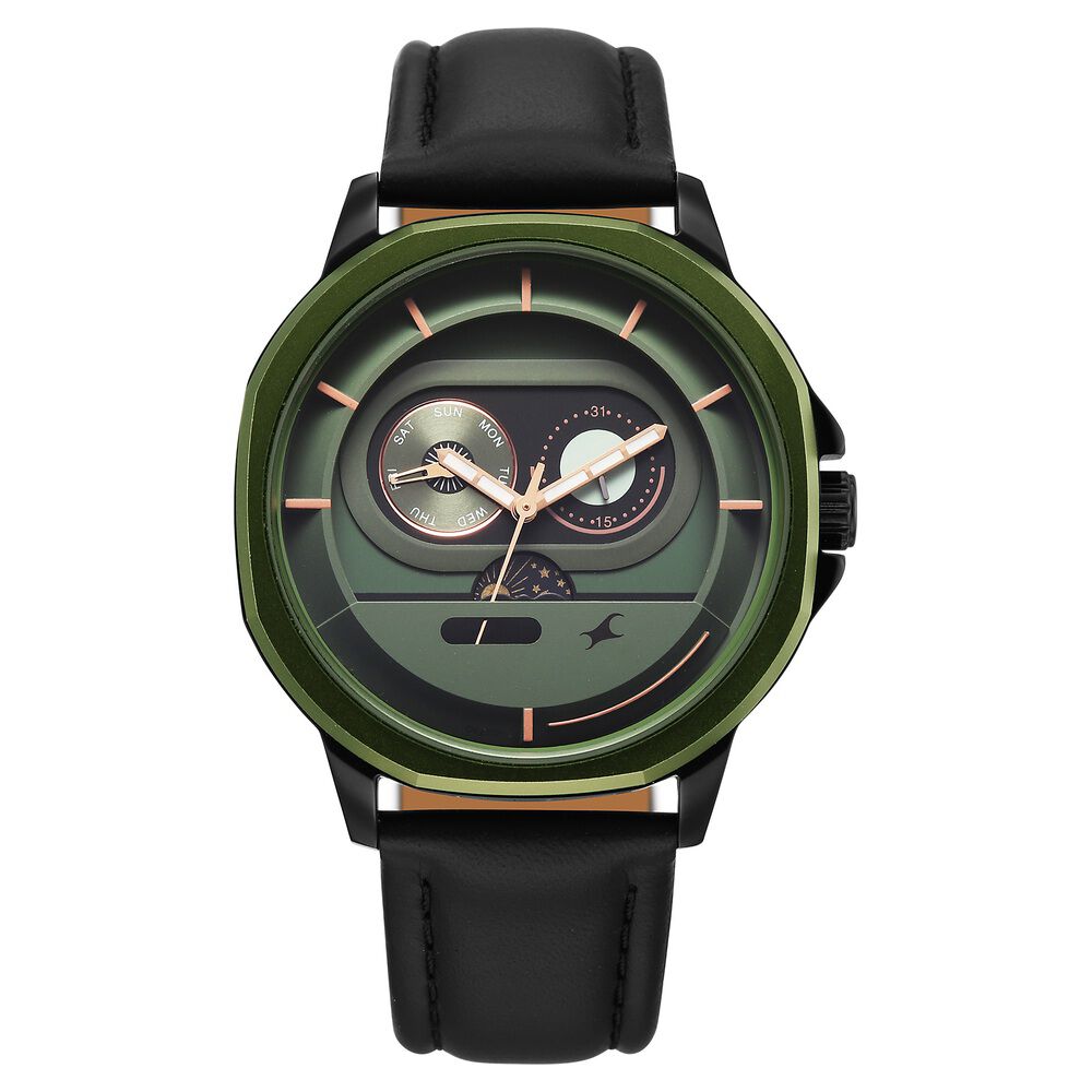 Fastrack Street Opulence Quartz Sun Moon Multifunction Green Dial Black Leather Strap Watch For Guys-image-37